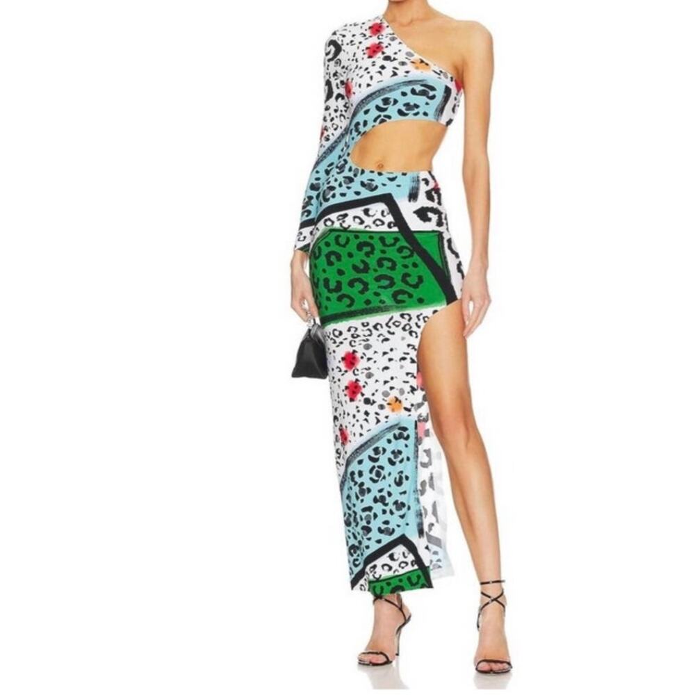 Norma Kamali One Sleeve Shane Wide Slit Gown in Animal Print